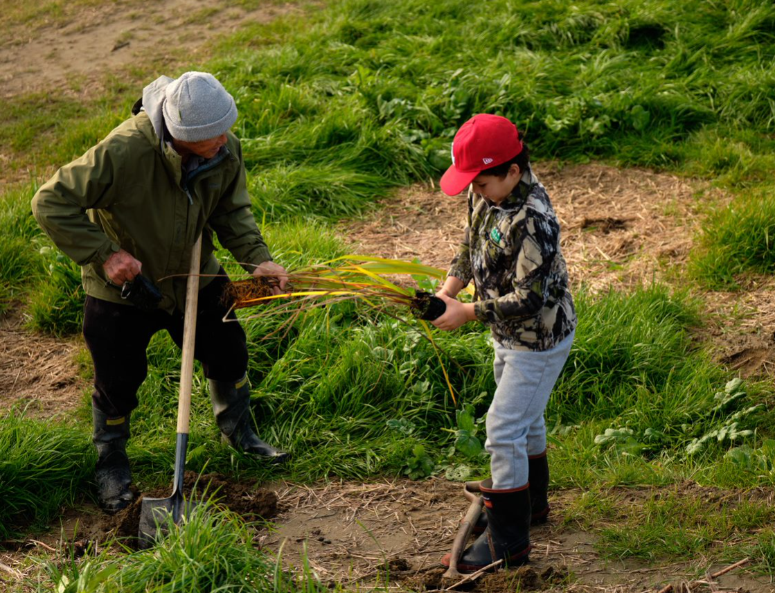 An adult and child hold a young plant each, ready to be planted