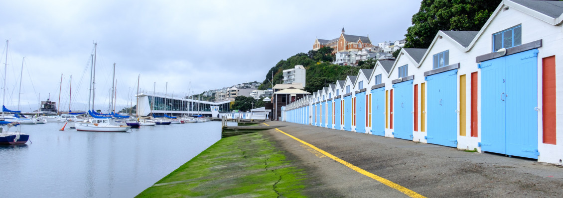 Panorama of the boat sheds and moorings at Wellington Harbour